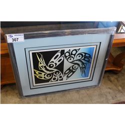 FRAMED LIMITED EDITION SIGNED AND NUMBERED WEST COAST NATIVE PRINT TITLED SWUN CELE HUMMINGBIRDS