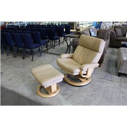 BEIGE LEATHER LOUNGE CHAIR WITH MATCHING OTTOMAN