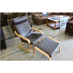 CHOCOLATE BROWN LEATHER LOUNGE CHAIR WITH MATCHING OTTOMAN