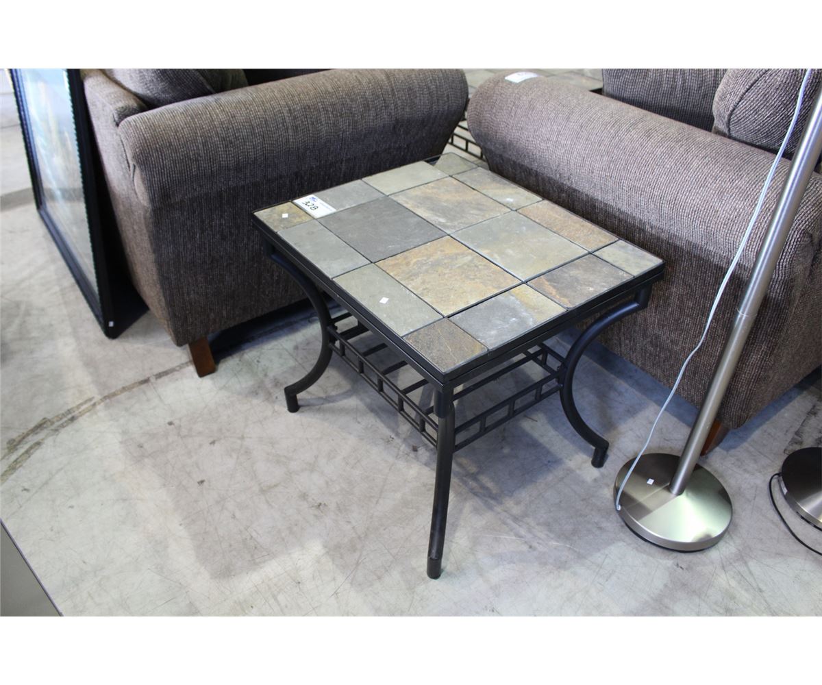 4PC STONE TOP COFFEE TABLE SET; COFFEE TABLE, 2 END TABLES (ONE CORNER TILE ON ONE END TABLE stone top coffee table