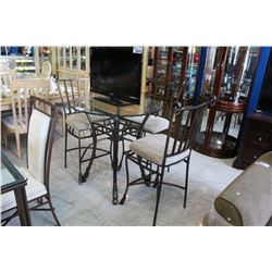 PUB / BISTRO STYLE 4PC TABLE SET; GLASS TOP TABLE WITH 3 CHAIRS