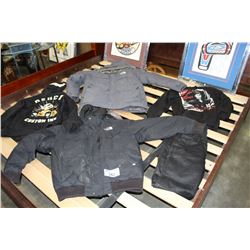 GROUP LOT OF ASSORTED CLOTHING; 2 NORTH FACE WINTER JACKETS, 2 PAIRS OF DESIGNER CUSTOM JEANS, ETC