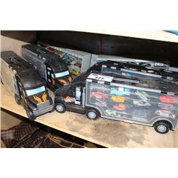 SHELF LOT OF HOTWHEELS COLLECTORS STORAGE TRUCKS AND HOTWHEELS CARS