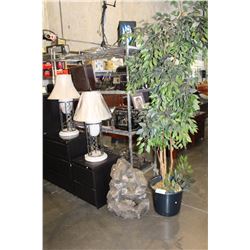 OUTDOOR FAUX ROCK WATER FOUNTAIN, 8' TALL ARTIFICIAL TREE AND 2 TABLE LAMPS