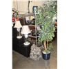 Image 1 : OUTDOOR FAUX ROCK WATER FOUNTAIN, 8' TALL ARTIFICIAL TREE AND 2 TABLE LAMPS