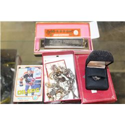 VINTAGE HARMONICA, BOX WITH STERLING SILVER BRACELET, PENDANT, RING, HOCKEY CARD, ETC