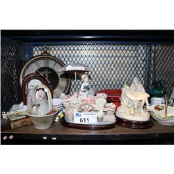 SHELF LOT OF ENGLISH BONE CHINA, COLLECTABLES AND DECORATIVE HOUSEHOLD ITEMS