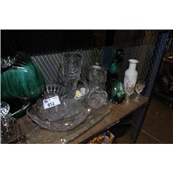 SHELF LOT OF ASSORTED BLUE MOUNTAIN POTTERY, CRYSTAL AND HOUSEHOLD ITEMS