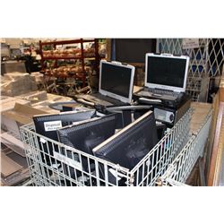 METAL CAGE PALLET FILLED WITH ASSORTED COMPUTERS; PANASONIC TUFF BOOKS, COMPUTER TOWERS, MONITORS,