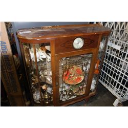 ANTIQUE BOWFRONT CHINA CABINET FILLED WITH ASSORTED DISHES, COLLECTABLES, FIGURINES, ETC