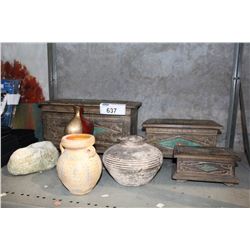 SHELF LOT OF DECORATIVE WOODEN BOXES AND VASES