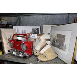 SHELF LOT OF VINTAGE FRAMED LOCAL ABBOTSFORD GENERAL STORE, CHEVROLET NOSTALGIC RADIO, MADELTA