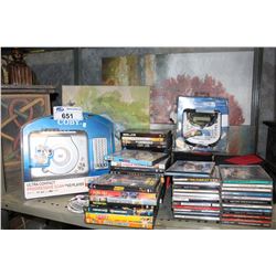 SHELF LOT OF ASSORTED ELECTRONICS, OIL ON CANVAS PRINTS, MUSIC CDS, ETC