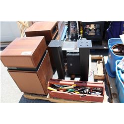 PALLET LOT OF ELECTRONICS; VINTAGE SPEAKERS, WOODEN TOOLBOX AND CONTENTS, ETC