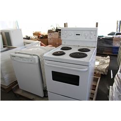 WHITE FRIGIDAIRE APARTMENT SIZE STOVE AND AN WHIRLPOOL WHITE FRONT BUILT IN DISHWASHER