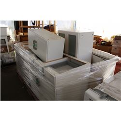 WHITE CABINET SET WITH SEVERAL MARBLE COUNTER TOPS, GRANITE SINK TOP WITH FAUCET AND ASSORTED