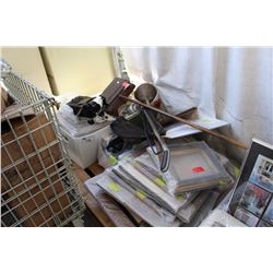 PALLET LOT OF PICTURE FRAMES, VINTAGE ADDING MACHINE, VACUUM, ETC