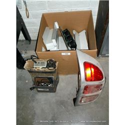 BOX: ASSORTED CAR PARTS-LIGHTS, PLUGS