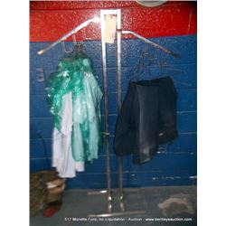 LOT: METAL RACK W/ UNIFORMS, HANGERS