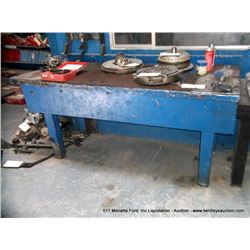 WORKBENCH W/ CONTENTS: SAW, ELECTRONIC CLEANER, BROOM, PETRO JELLY