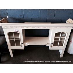WHITE PAINTED WOOD DESK, GLASS TOP, UPPER CABINET UPPER CABINET IS IN BACK SHOP