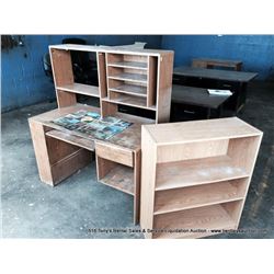 LOT:  SMALL WOODEN BOOKCASE & WOODEN COMPUTER DESK IN BACK SHOP