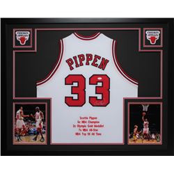 Scottie Pippen Signed Bulls 35" x 43" Custom Framed Career Highlight Stat Jersey (JSA COA)