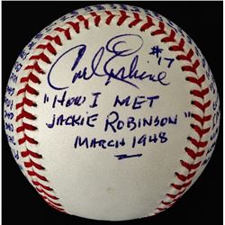 Carl Erskine Signed OML  How I Met Jackie Robinson  Story Ball with Extensive Inscription (Stallard 