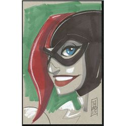 Tom Hodges Signed "Harley Quinn" ORIGINAL 5x8 Color Drawing on Paper 1/1 (PA COA)