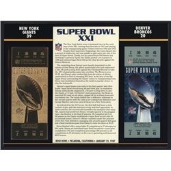 Commemorative Super Bowl XXI Score Card With 22 Kt Gold Ticket: Giants vs. Broncos