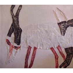 Rimon Ajami (20th Century) Israeli, ANIMALS, 1992, acrylic painting leather on canvas, 42 x 42"...