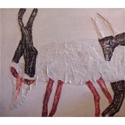 Rimon Ajami (20th Century) Israeli, ANIMALS, 1992, acrylic painting leather on canvas, 42 x 42"...