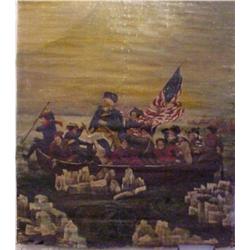 American Folk Art, WASHINGTON CROSSING THE DELAWARE, oil painting on canvas, 80 x 70" unstretch...