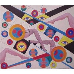 American School (20th Century), EYES, LEGS, & LIPS, 1974, oil painting on board, 20 1/2 x 23 1/...