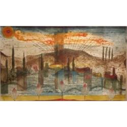 Rene Carcan (20th Century) French, LANDSCAPE WITH BUILDINGS, color etching, signed in pencil, f...