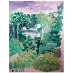Contemporary School, UNTITLED LANDSCAPE WITH HOUSE, acrylic painting on paper, 50 x 38", signed...