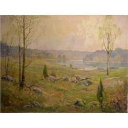 European School (19th Century School), LAKE AT SPRING, oil painting on canvas, 35 x 45 1/2", 2"...