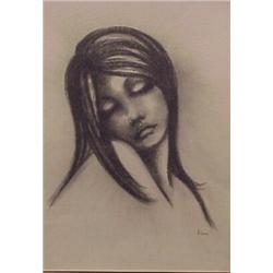 Arleen Langman (20th Century) American, PORTRAIT OF GIRL, charcoal drawing on paper, 16 x 20",...