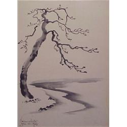 Chiura Obata (1885-1975) American, LONE TREE, 1933, sumi ink on paper, 20 1/2 x 15", signed and...