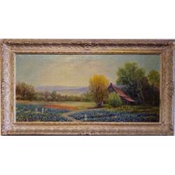Robert Pearson (20th Century) American, HOUSE IN MEADOW WITH FLOWERS, 1941, oil painting on can...