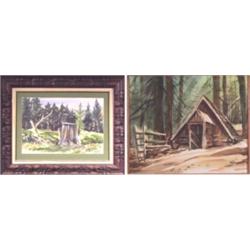 Dorner Schueler (b. 1904) Californian, WOODLAND; CABIN, two, each a watercolor on paper, 13 1/2...