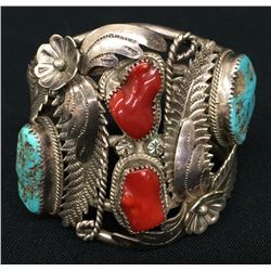 Navajo Sterling Turquoise and Coral Cuff Bracelet