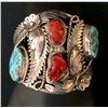 Image 4 : Navajo Sterling Turquoise and Coral Cuff Bracelet