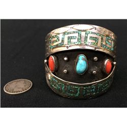 Navajo Shadowbox Turquoise and Coral Cuff Bracelet