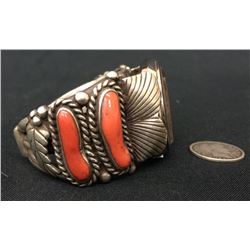 Heavy Navajo Watch Cuff With Coral