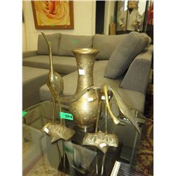 Brass vase & 2 brass crane decorations