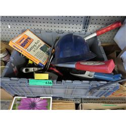 Plastic tote of tools & a helmet