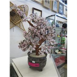 Pink oriental glass tree in brass pot