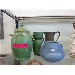 4 Vintage vases - 3 glazed, 1 hammered metal