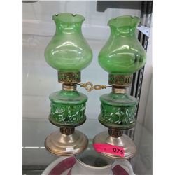 Pair of Vintage green glass Hurricane lamps